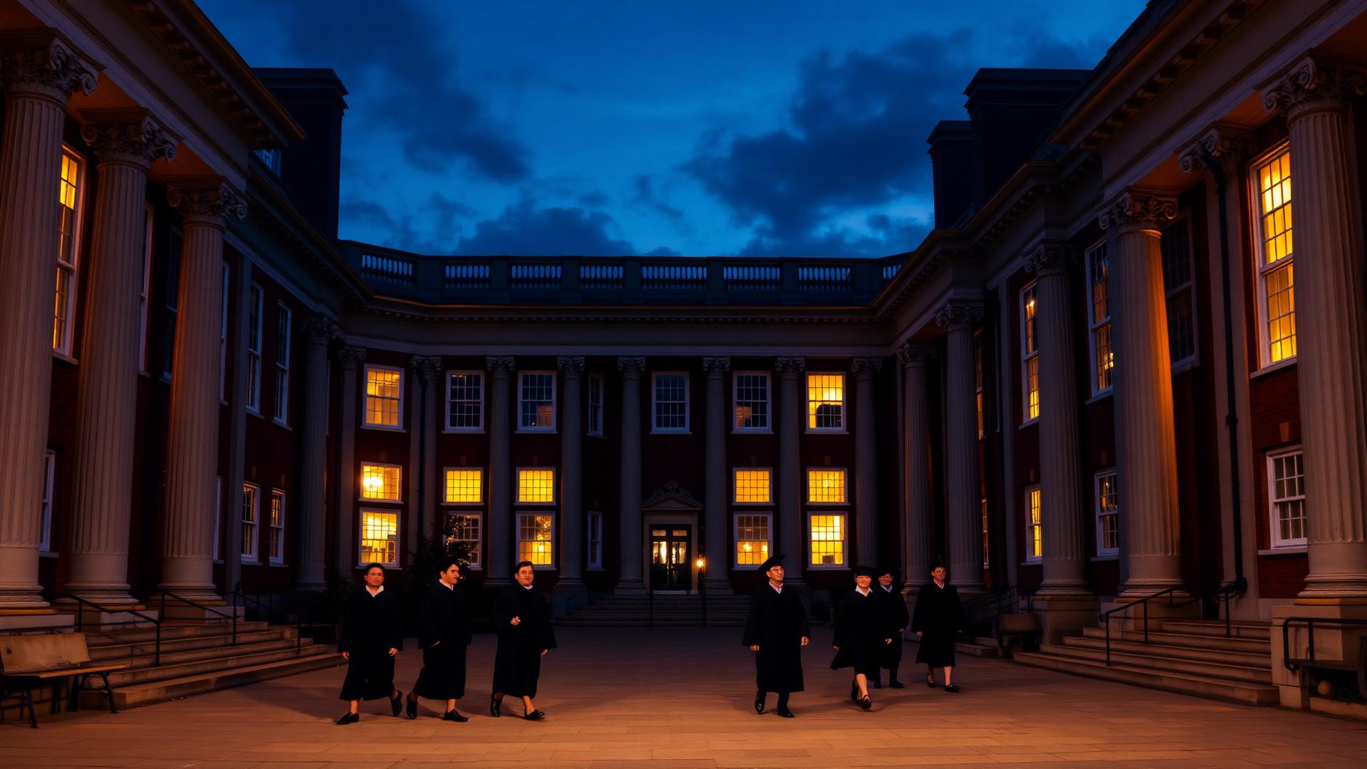 Historic British university courtyard at dusk